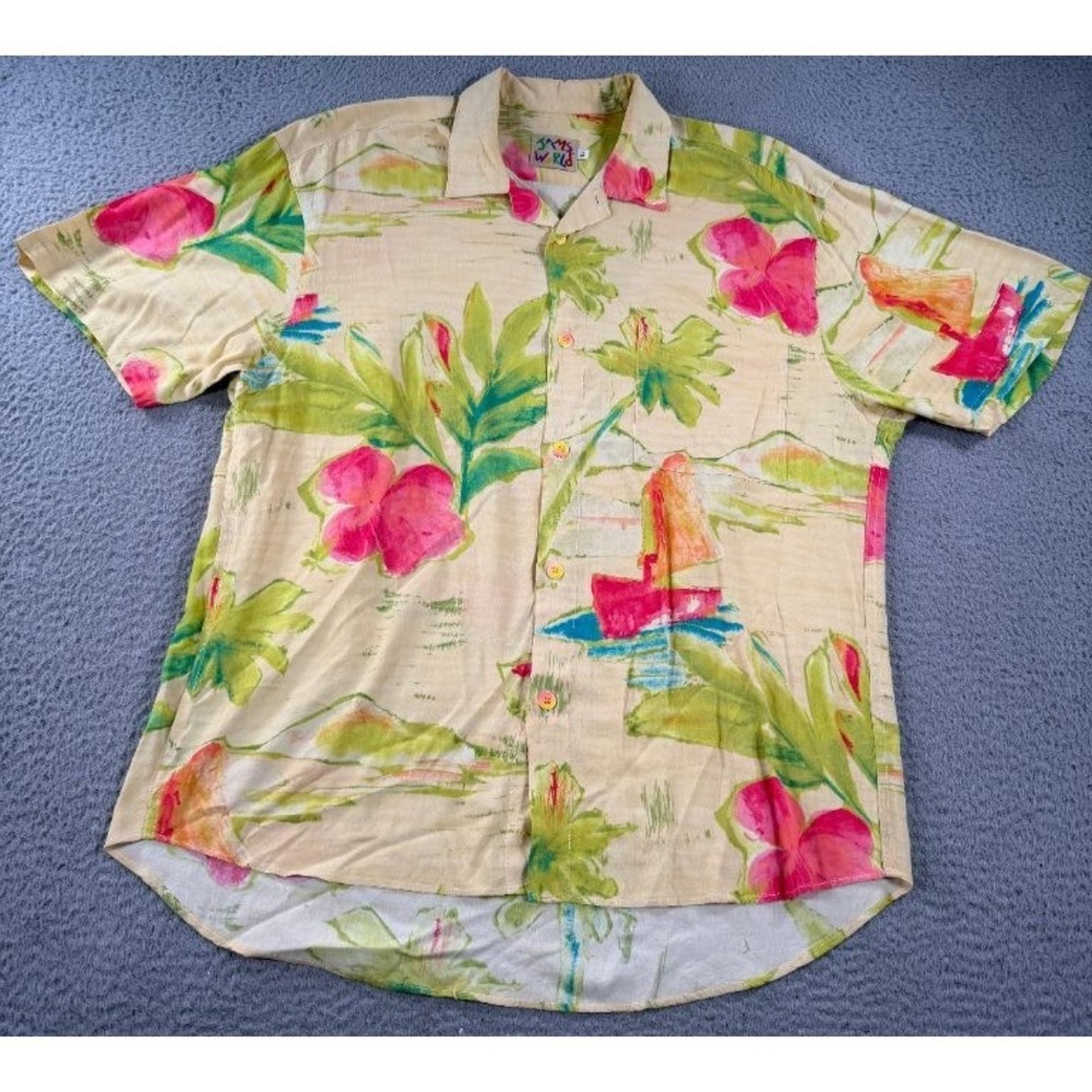 Vintage Jams World Hawaiian Shirt Mens Large Tropical Floral Sailboat Aloha